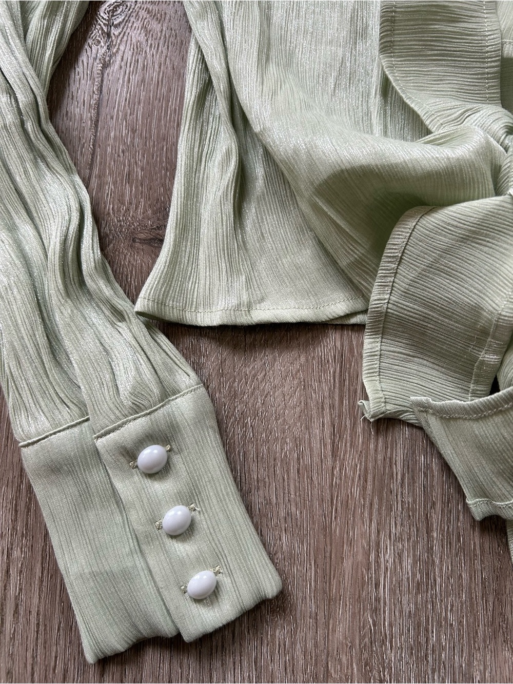 Light Sage Green Pleated Crop Front Tie Top- J.ING Blouse - Picture 2 of 4